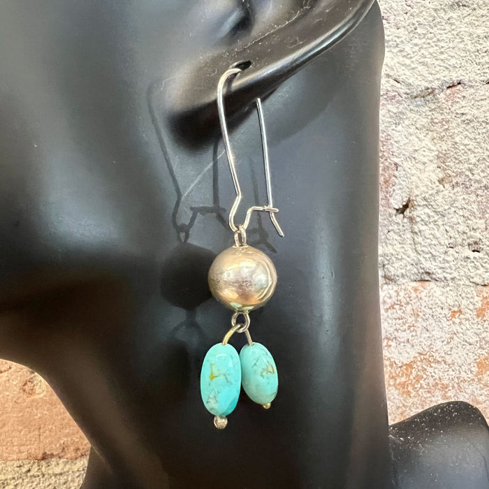 Southwest Splendor, Handcrafted Sterling Silver and Turquoise Bead Earrings, Hand forged Kidney Ear Wire Earrings - Made in USA