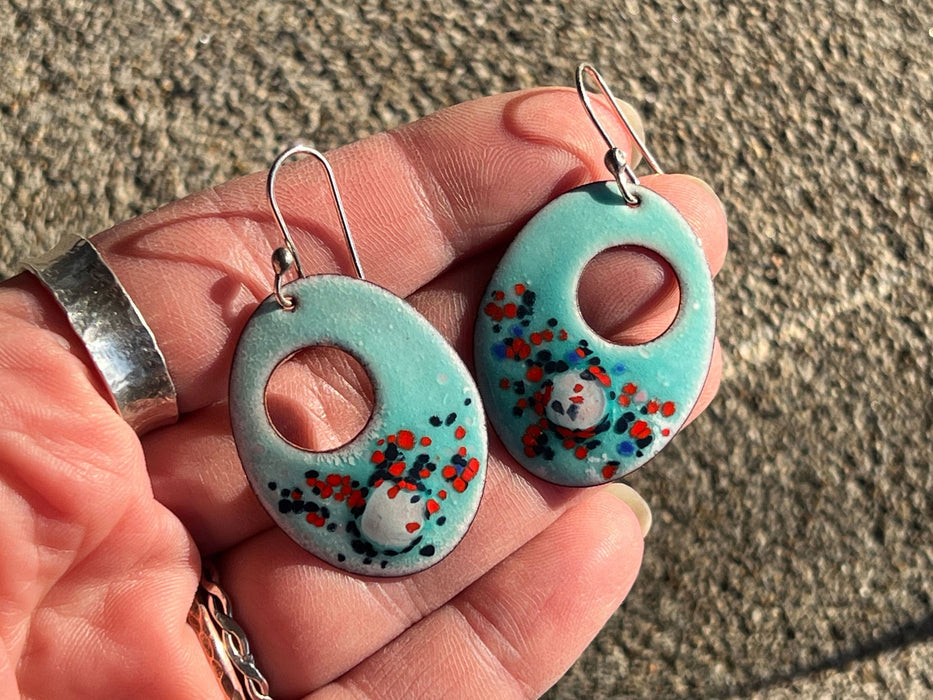 Copper Couture, Turquoise Enamel Elegance, Handcrafted Enameled Copper Earrings, Hand forged French Hook Ear Wire Earrings - Made in USA