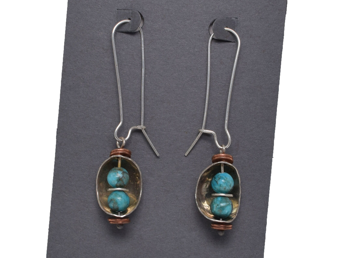 Nature's Embrace, Handcrafted Sterling Silver and Turquoise Earrings with a hint of copper - Hand forged Kidney Ear Wire - Made in USA