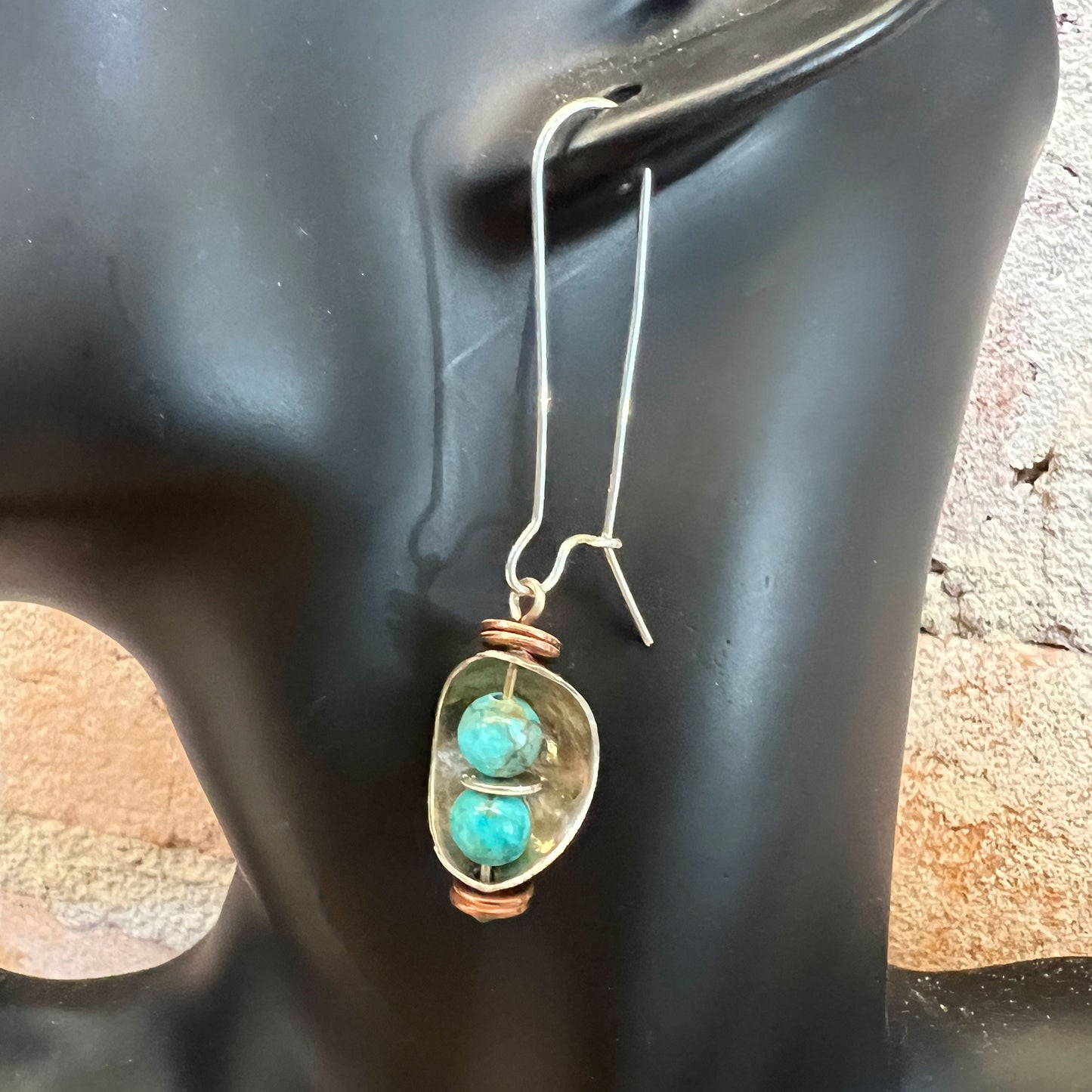 Nature's Embrace, Handcrafted Sterling Silver and Turquoise Earrings with a hint of copper - Hand forged Kidney Ear Wire - Made in USA