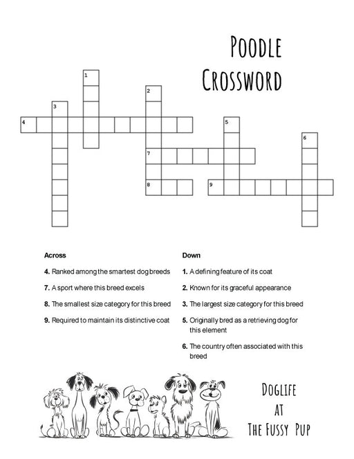 FREE Poodle crossword puzzle printable featuring fun trivia about Poodles, emailed as a PDF for instant download