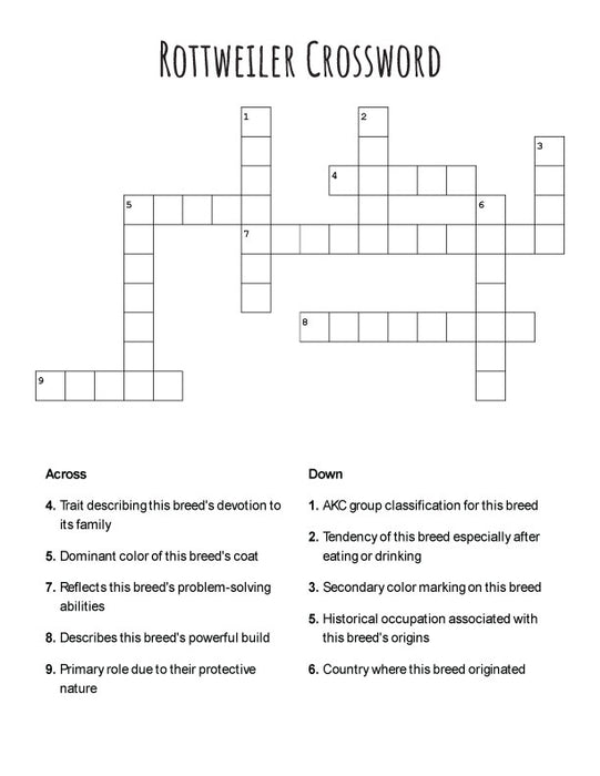 FREE Rottweiler Crossword Puzzle – Printable Fun for Dog Lovers