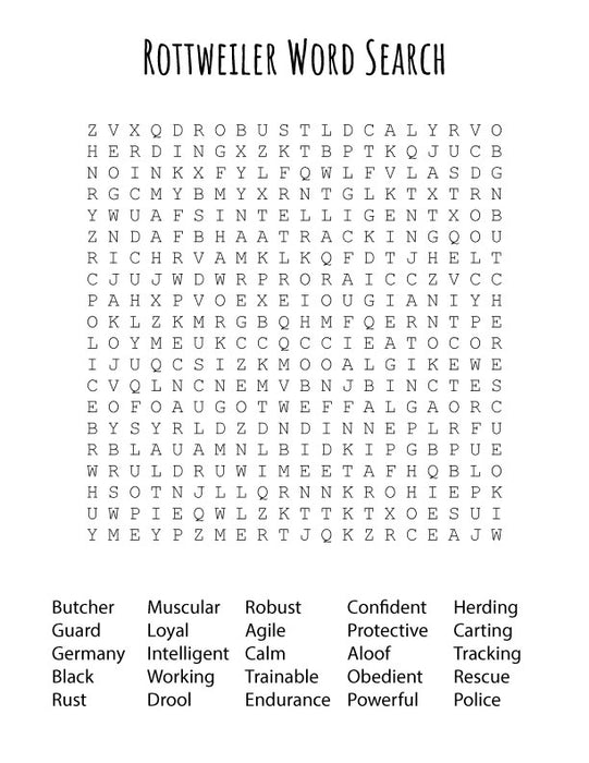 FREE Rottweiler Word Search Puzzle – Printable Fun Activity for Dog Lovers