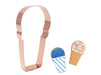 A set of images showing a copper-colored cookie cutter in the shape of a snow cone cup, alongside examples of cookies cut with the cutter.
