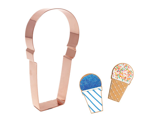 A set of images showing a copper-colored cookie cutter in the shape of a snow cone cup, alongside examples of cookies cut with the cutter.