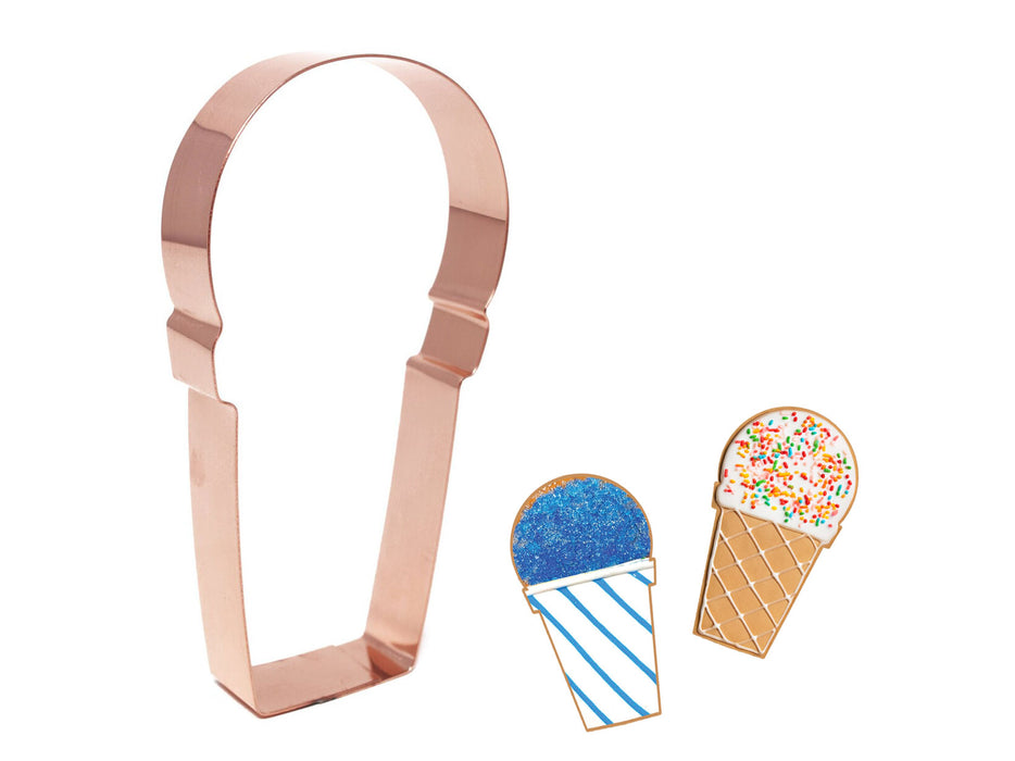 A set of images showing a copper-colored cookie cutter in the shape of a snow cone cup, alongside examples of cookies cut with the cutter.