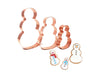 Set of copper snowman-shaped cookie cutters with snowmen cookies on a white background