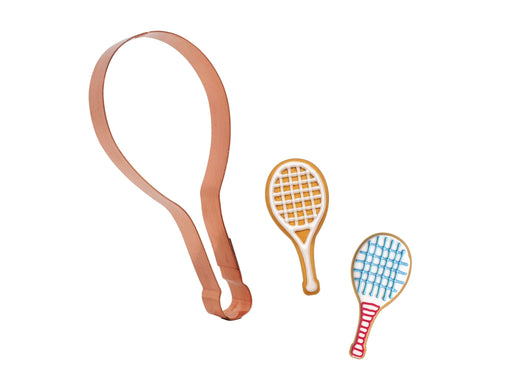 Cookie cutters shaped like a long bandage and two tennis rackets on a white background